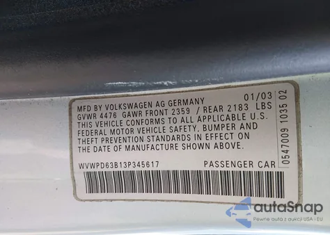 2003 Volkswagen Passat Gls from USA, damaged, VIN WVWPD63B13P345617